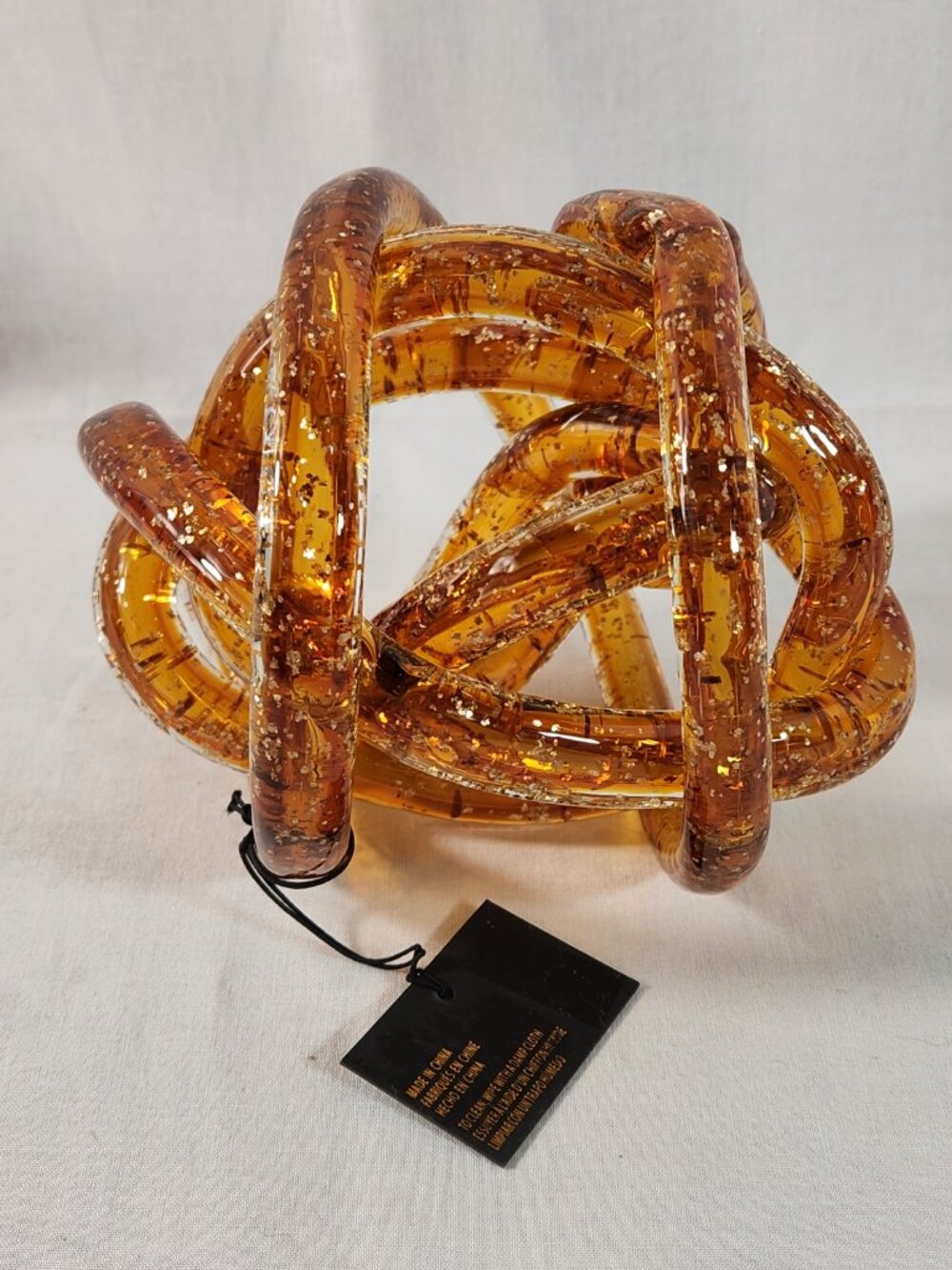 Artisan Blown Glass Amber Infinity Knot Rope Golden Speckled Home Office Decor - Picture 6 of 11